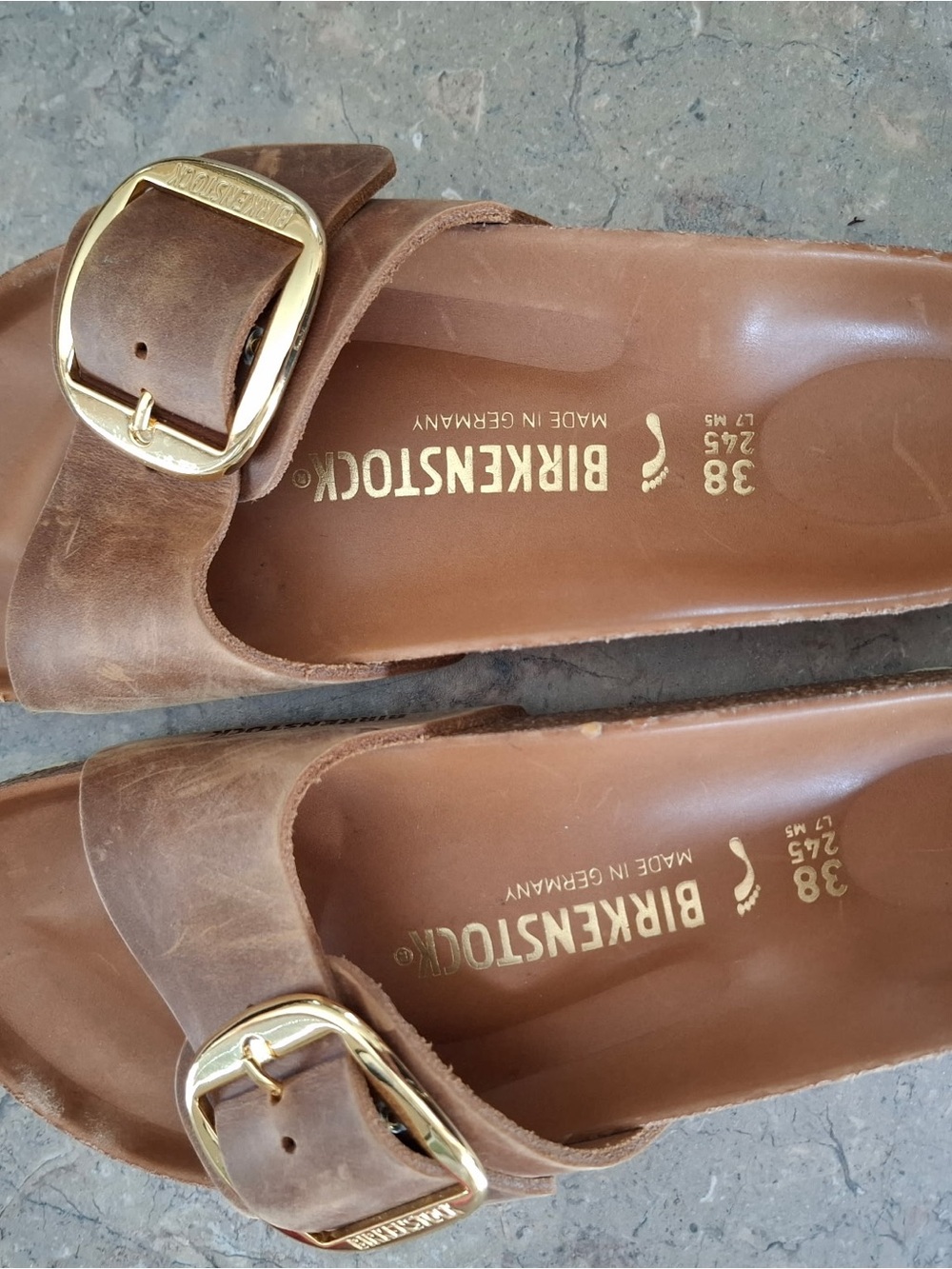 Birkenstock Women's Brown Leather Slide Mules with Gold Buckles - Picture 2 of 4